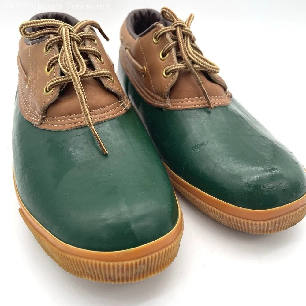 VTG Lands' End Insulated Duck Shoes Sz 8 Green Brown Rubber Leather Sherpa Lined